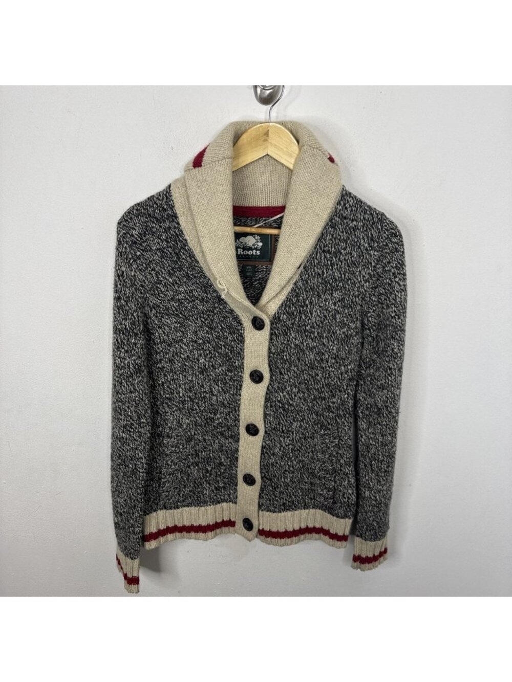 Roots Cabin Wool Salt & Pepper Shawl Collar Cardigan Medium Women’s